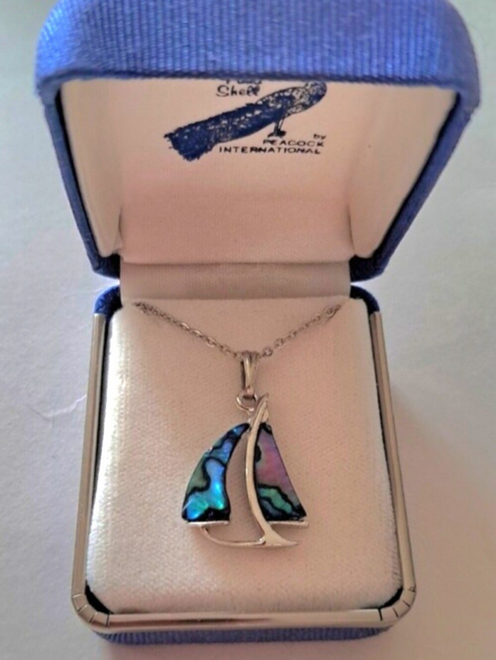 Peacock International Abalone Paua Shell Sailboat Necklace Silver Tone Chain